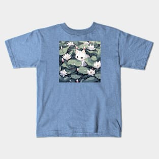 Cute white kitten in a field of lotus flowers Kids T-Shirt